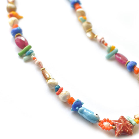 Colorful beaded necklace with various shapes and colors