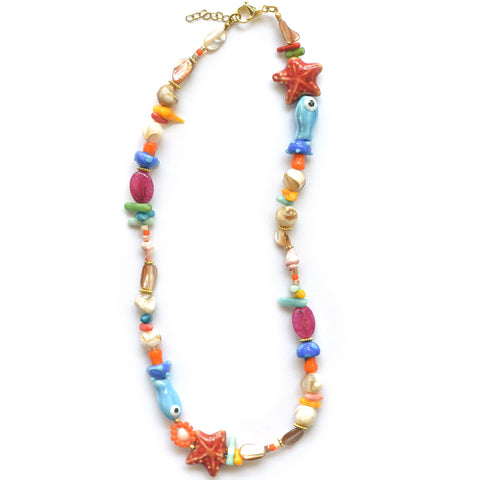 Colorful beaded necklace with starfish and fish charms 